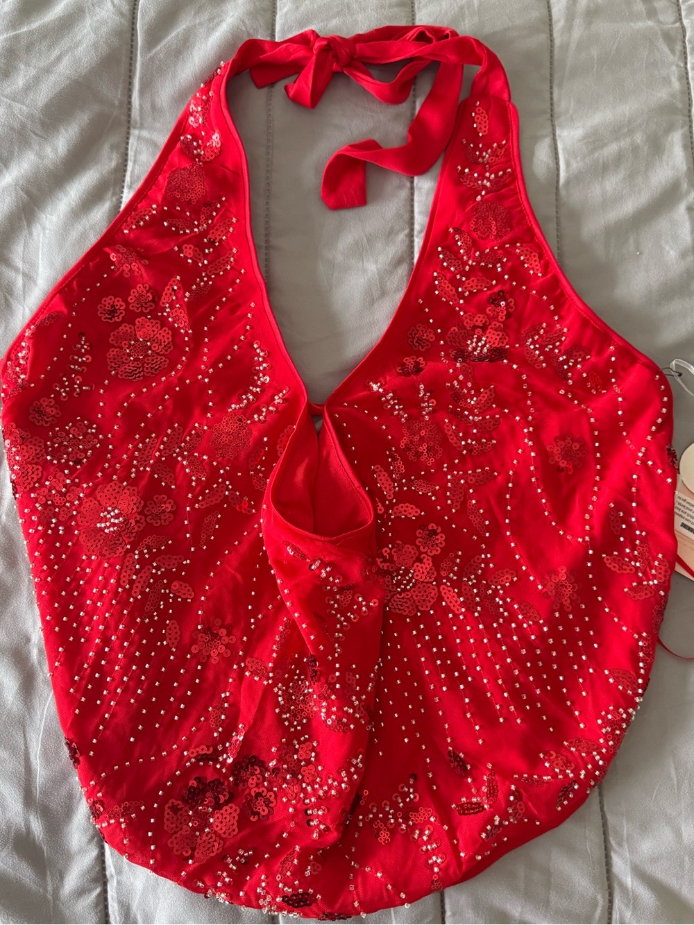 Blush Red Halter Camisole with Rhinestone & Floral Embroidery